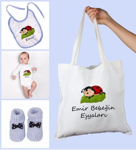eJOYA Bebeklere Özel Çantasında Kişiye Özel Zıbın Önük Ve Patik Bebek Hediye Seti 109759 (Mavi)