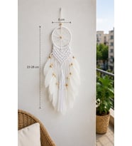 El Yapımı Beyaz Makrome Düş Kapanı – 6 cm Kasnak, 23-28 cm Bohem Duvar Dekoru