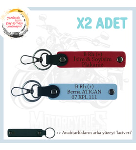 Biker Stiline Özel, İsim Plaka ve B+ Kan Grubu Yazılı Anlamlı Motor x2 Anahtarlık, Kırmızı-Mavi-Laci
