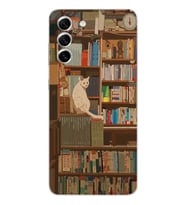Samsung Galaxy S22 Uyumlu Kedi ve Kütüphane Tasarımlı Şeffaf Telefon Kılıfı