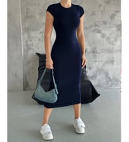 Kısa Kollu Sandy Basic Midi Elbise (Lacivert)