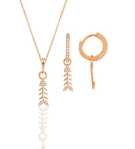 Gümüş rose zirkon taşlı balık kılçığı modeli kolye ve küpe ikili set SGTL11879ROSE