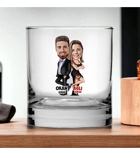 Kişiye Özel Mutlu Sevgililer Karikatürlü Viski Bardağı