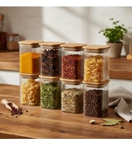 6'lı Set 350 ml Bambu Kapaklı Kare Cam Kavanoz - 6x10 cm Vakumlu Orta Boy Şeffaf Erzak Kabı Kahve Çay Baharatlık ve Mutfak Düzenleyici Organizer Saklama Kutusu