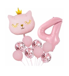 Taçlı Pembe Kedi 4 Yaş Folyo Balon Set