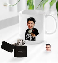 BK Gift Kişiye Özel Babalar Günü Hediyesi Godfather Baba Karikatürlü Kupa Bardak ve Benzinli Çakmak Seti-4 (Model 1)