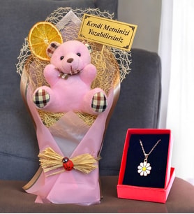 Sizlere Özel Peluş Ayıcık Buketi, Peluş Ayıcık Buketi & Papatya Kolye Hediye Seti