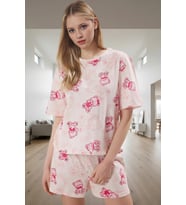 Kadın Ayıcıklı Pamuklu Pijama Takımı Kısa Kollu Regular Kalıp Yazlık Ev Giysisi Şık Görünüm (Pembe)
