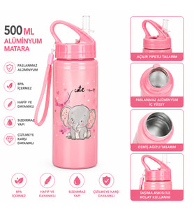 Alüminyum Matara 500 ML Çocuk Su Matarası Pipetli Sızdırmaz Dayanıklı Taşıma İpli