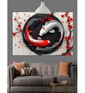 Koi Balığı Yin Yang Dekoratif Kanvas - Mdf Ahşap Tablo