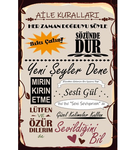 Retro Vintage 5 mm Ahşap Üzerine Aile Kuralları Temalı Poster Tablo 20X30 cm (Çok Renkli)