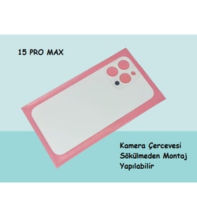 Tkgz - iPhone 15 PRO MAX Arka Pil Batarya Kapağı - Cam kapak Geniş Lens Deliği - BEYAZ