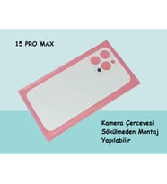 Tkgz - iPhone 15 PRO MAX Arka Pil Batarya Kapağı - Cam kapak Geniş Lens Deliği - BEYAZ