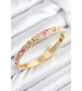 Mineli Pirinç Zirkon Taşlı Pembe Çiçek Motifli Gold Kadın Kelepçe - TJ-BB7818
