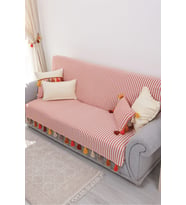 Sırt ve Oturma Kısmını Kapatan Renkli Püsküllü Turuncu Çizgili Koltuk Örtüsü 180x210 cm,KO-30