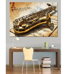 Saksafon Müzik Notaları Vintage Dekoratif Kanvas - Mdf Ahşap Tablo