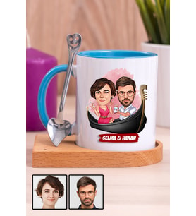 Çiftlere Özel Hediye Tek Taş Yüzük Temalı Karikatürlü Ahşap Altlıklı Mavi Kupa Bardak