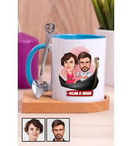 Çiftlere Özel Hediye Tek Taş Yüzük Temalı Karikatürlü Ahşap Altlıklı Mavi Kupa Bardak