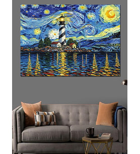 Van Gogh Tarzı Yıldızlı Gece Feneri Dekoratif Kanvas - Mdf Ahşap Tablo