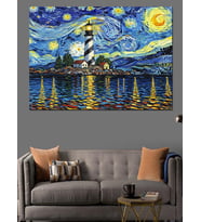 Van Gogh Tarzı Yıldızlı Gece Feneri Dekoratif Kanvas - Mdf Ahşap Tablo