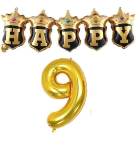 Gold Taçlı Birleşik Happy 9 Yaş Folyo Balon Set