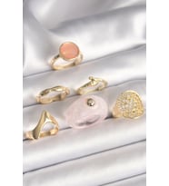 Pirinç Gold Renk Pembe Plastik Yüzük Model Daire Pembe Mine Yılan Detay 6'Lı Kadın Yüzük Seti