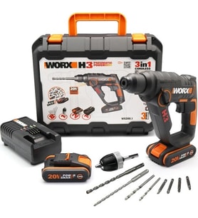 WORX WX390.1 20Volt 2.0Ah. Li-ion 1.2J Profesyonel SDS-Plus Pnömatik Çift Akülü Şarjlı Matkap + 8 Adet Uç + Mandren