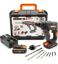 WORX WX390.1 20Volt 2.0Ah. Li-ion 1.2J Profesyonel SDS-Plus Pnömatik Çift Akülü Şarjlı Matkap + 8 Adet Uç + Mandren