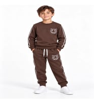 Kahverengi 3 İplik Erkek Çocuk Eşofman Takımı Kaplan Nakışlı Biyeli Sweatshirt ve Jogger Alt