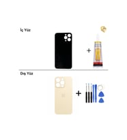iPhone 14 PRO MAX Altın Arka Kapak Arka Cam Batarya Kapağı Lazer Kesim Kapak Pil Kapağı + B-7000 Yapıştırıcı + Tamir Seti