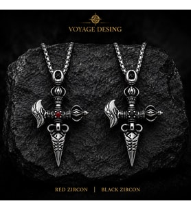 Kırmızı & Siyah Zirkon Paslanmaz Çelik Budist Vajra Phurba Hançeri Kolye
