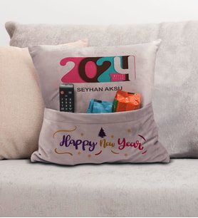 BK Gift Kişiye Özel Yılbaşı Tasarımlı Organizer Kumanda ve Atıştırmalık Cepli Pembe Kırlent Yastık, Yılbaşı Hediyesi- 11, Yeni Yıl Hediyeleri