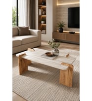 Traverten Geçme Ahşap Ayaklı Modern Orta Sehpa