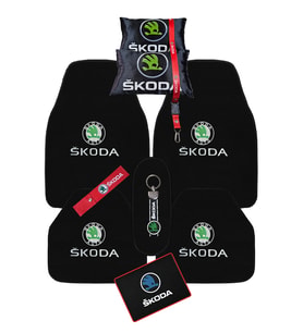Skoda Araç Oto Halı Paspas & Dijital Baskılı Siyah Boyun Yastığı & Skoda Çok Parçalı Oto Seyahat Seti