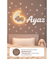 El Boyaması Ahşap Aylı Ayıcık Lamba & Işıksız İsimlik Seti – İsimli Bebek ve Çocuk Odası Dekoru