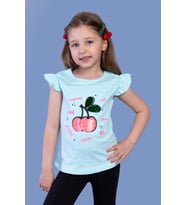 Toontoy Kız Çocuk Çevirmeli Pullu Kiraz Baskılı Tişört (Su Yeşili)