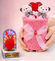 Premium Peluş Ayıcık Buketi ve Kişiye Özel Renkli Işıklı Kırmızı Kalpli Fanus