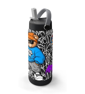 Coral High 650 ml Erkek Çocuk Siyah Mavi Grafiti Ayıcık Baskılı Çelik Suluk/Matara (Pipetli) 38332
