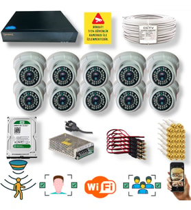 QROMAX 10 Kameralı 1080P Yüz ve İnsan Tanımalı Hareket Algılayan 5 MP Sony Lens 36 IR LED Dome FULLHD İç Mekan Güvenlik Kamerası Seti D136B