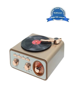 Metalik Nostaljik Tasarım Plak Çalar Görünümlü Radyolu Bluetooth Hoparlör Retro Müzik Plak