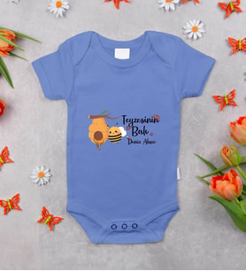 BK Kids Kişiye Özel Teyzesinin Balı Tasarımlı Mavi %100 Pamuklu Kısa Kol Bebek Body Zıbın, Yeni Doğan Bebek Hediyesi