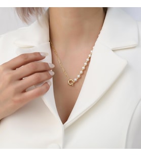925 Ayar Gümüş Cream Tatlısu İncisi Kolye-6mm (Gold)
