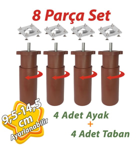 4 Adet Destek Ayağı 9,5-14,5 cm Kahverengi ve 4 Adet Metal Düz Ayak Tabanı M8 Civatalı İnce Diş Mobilya Kanepe Baza Koltuk Seti