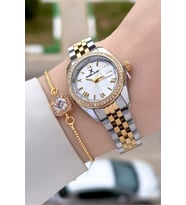 Daniel Klein DKISTE1540 Gold Gümüş Renk 28 mm Kristal Cam Kadın Kol Saati ve Bileklik