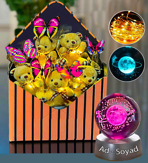 Kişiye Özel Kelebek Buketi & Ayıcık Buketi Led Işıklı & 3D Satürn Saman Yolu Işıklı Kristal