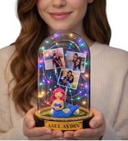 Kişiye Özel Tasarım Renkli Led Işıklı Fanus Size Özel Yazılı ve 3 Fotoğraflı (Model 8)