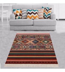 Kilim Desenli Etnik Dijital Baskı Yıkanabilir Kaymaz Taban Modern Salon Halısı ve Yolluk (Kiremit)