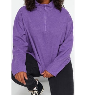 Büyük Beden Tarz Regular Dik Yaka Düşük Kol Crop Fermuarlı Selanik İnce Örme Sweatshirt