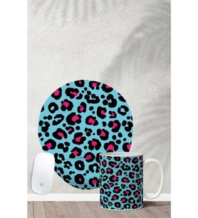 Mavi Leopar Desenli Bilek Destekli Mouse Pad Kupa Seti