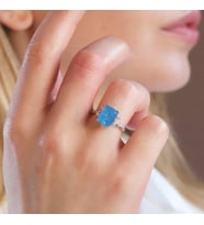Mavi Paraiba Taşlı Kare Lotus Çiçeği Gümüş Yüzük